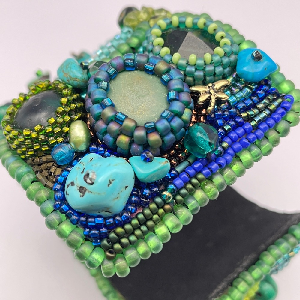 LARGE Beaded Turquoise Boho Cuff Bracelet Adjustable Statement Chunky Bracelet - Picture 7 of 17